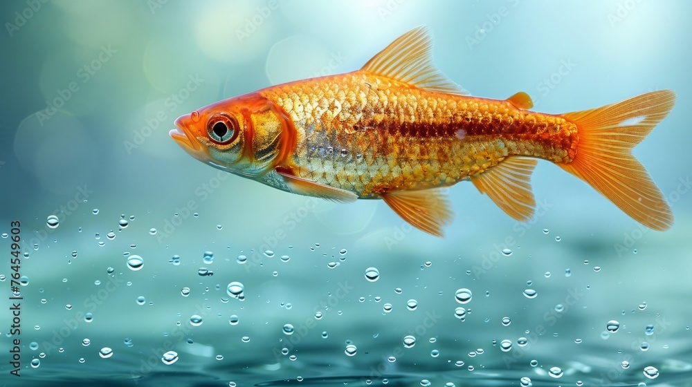  A clear photo of a goldfish swimming in water with droplets on its tail
