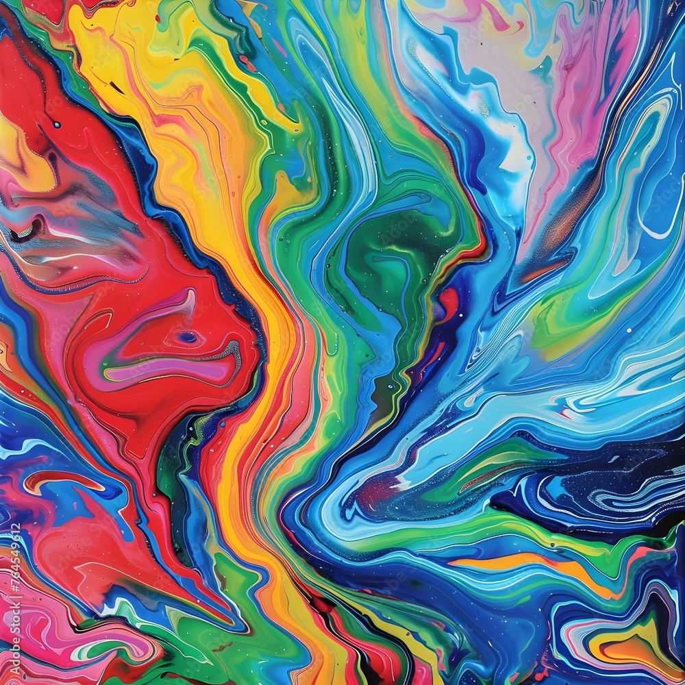 Abstract marbled acrylic paint waves with bold and rainbow swirls, showcasing a dynamic and energetic colorful composition.