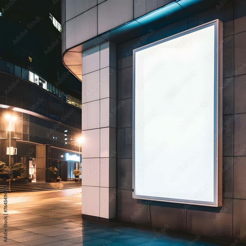 A blank white advertising billboard on an office building wall at night, providing a prime space for displaying digital or printed ads. - obrazy, fototapety, plakaty 