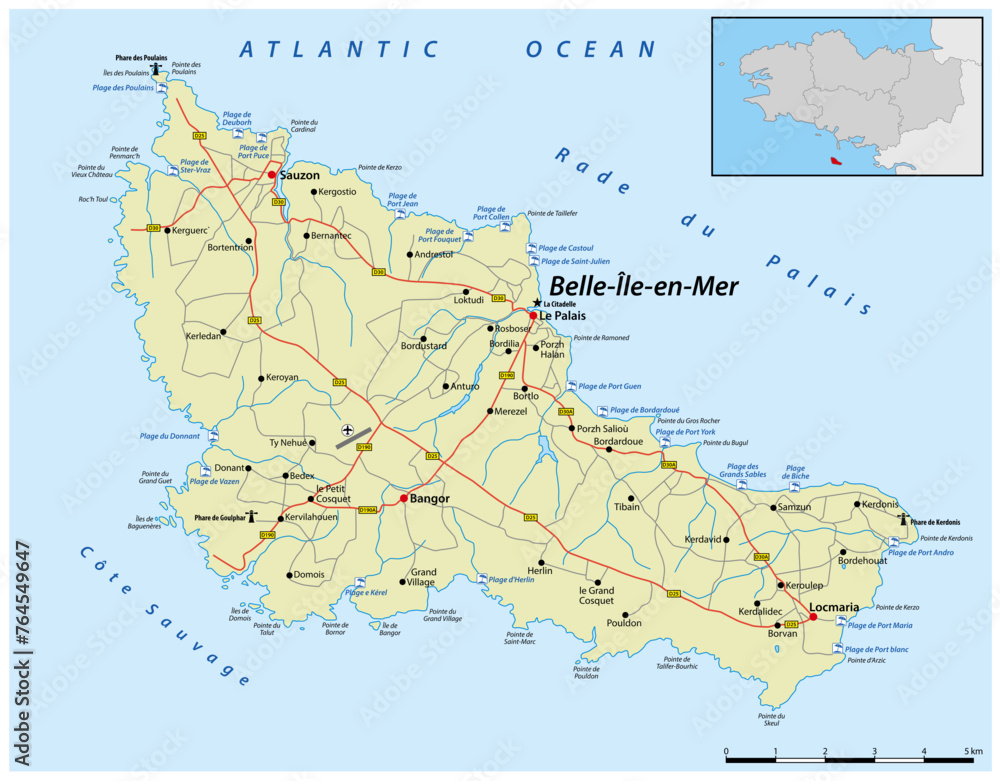 Road map of the Breton island of Belle-Ile-en-Mer, France