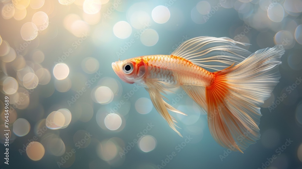  A photo of a close-up goldfish on a blue-white background, blurry lights in the backdrop