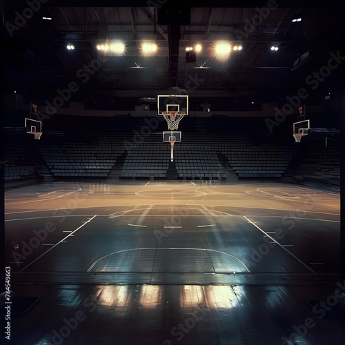 A deserted basketball arena with flashlights casting a dramatic glow, capturing the emptiness and solitude of a once lively sports ground.