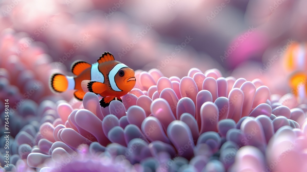 A clownfish, with orange and white stripes, rests on a pink sea anemone in a coral sea A clownfish, with orange and white stripes, rests on a pink sea anemone in a coral sea
