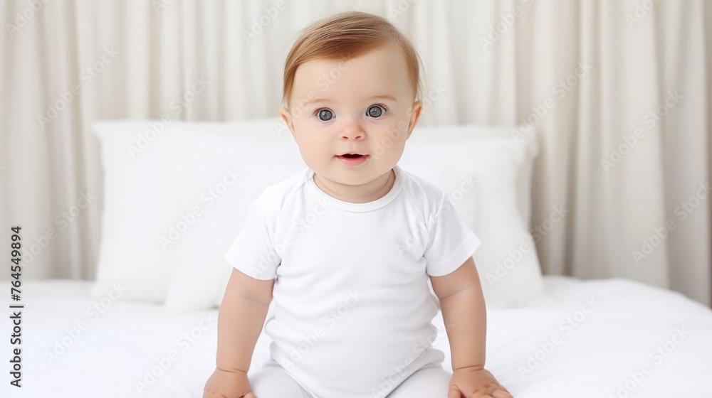 Baby wearing white shirt bodysuit mockup, at white bed background. Design onesie template, print presentation mock-up Baby wearing white shirt bodysuit mockup, at white bed background. Design onesie template, print presentation mock-up