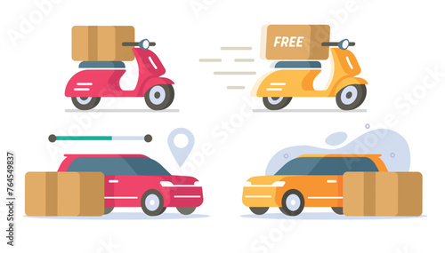 Car local delivery service icon vector set, motor scooter bike courier free fast shipping flat cartoon graphic illustration, auto vehicle parcel pack box food shipment, freight packet pickup image