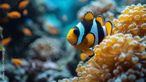  A close-up image of a clownfish within a sea anemone surrounded by additional aquatic creatures