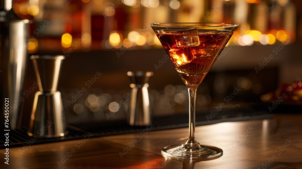 Manhattan cocktail set against a bar backdrop, showcasing a glass filled with the alcoholic beverage.