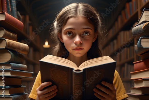 girl reading a book in the library