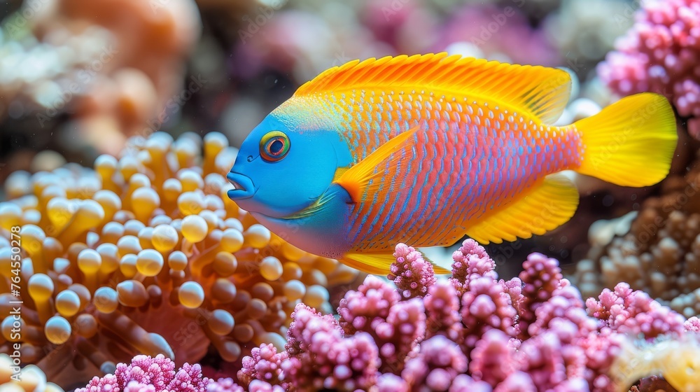 A fish close-up on coral, surrounded by coral & sea anemones A fish close-up on coral, surrounded by coral & sea anemones