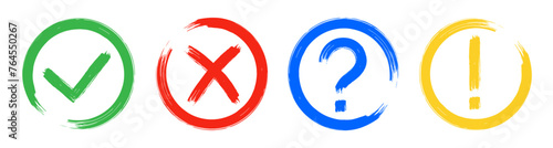 Dirty grunge cross x, tick OK, exclamation and question check marks in check boxes, hand drawn with brush strokes vector illustration isolated background. Exclamation, question mark, NO, YES symbols.