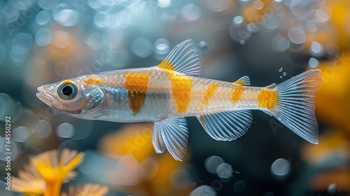  A close-up of a fish, with yellow and white stripes on its body, in a body of water