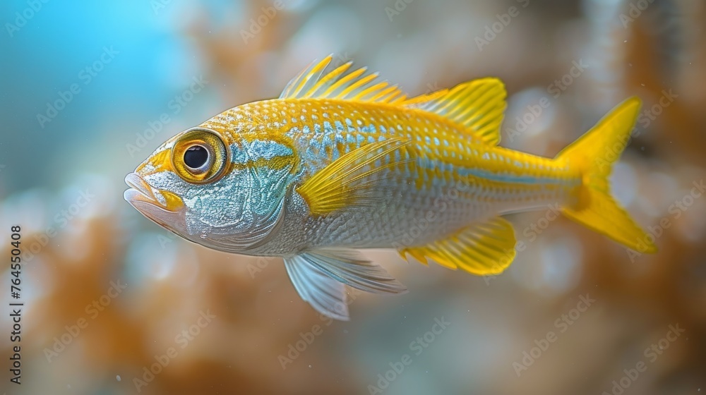 Yellow-white fish, brown-blue seabed, coral background Yellow-white fish, brown-blue seabed, coral background