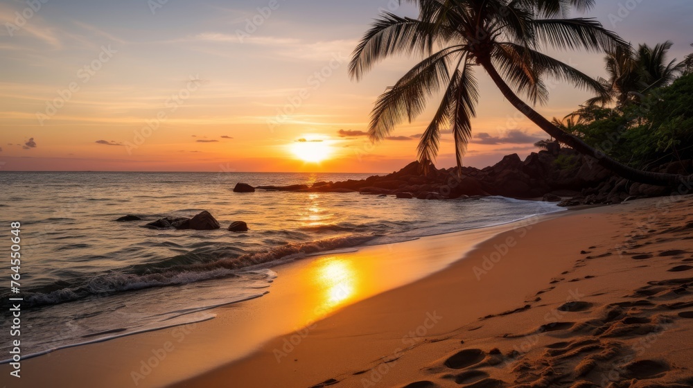Tranquil scenery of tropical beach and sunset at dusk
