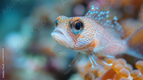  A macro shot of a fish surrounded by vibrant corals, with water in sharp focus at the foreground