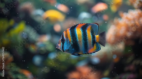  Fish in aquarium with many fish, plants backdrop, close-up focus