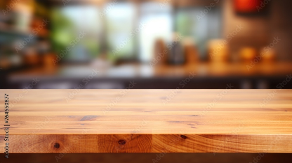Wooden table on blurred kitchen bench background. Empty wooden table and blurred kitchen background Wooden table on blurred kitchen bench background. Empty wooden table and blurred kitchen background