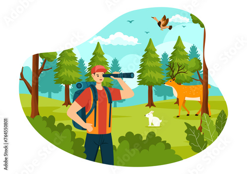 Hunting Vector Illustration with Hunter Rifle or Weapon for Shooting to Birds or Wild Animals in the forest on Flat Cartoon Background Design