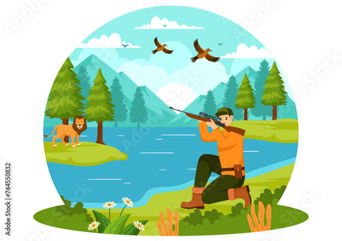 Hunting Vector Illustration with Hunter Rifle or Weapon for Shooting to Birds or Wild Animals in the forest on Flat Cartoon Background Design