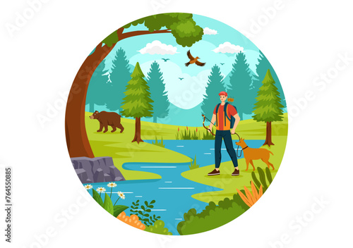 Hunting Vector Illustration with Hunter Rifle or Weapon for Shooting to Birds or Wild Animals in the forest on Flat Cartoon Background Design