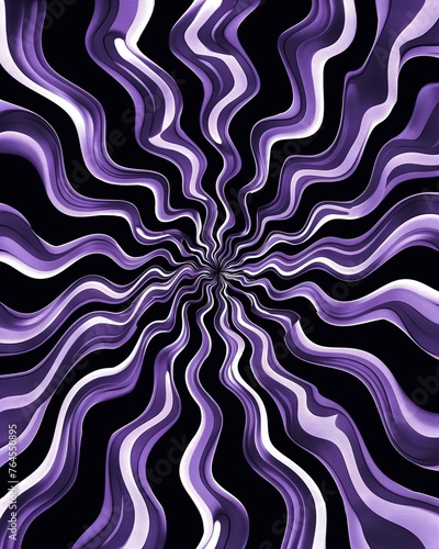 Symmetrical wavy lines and spirals in shades of purple create a captivating optical illusion on a black background