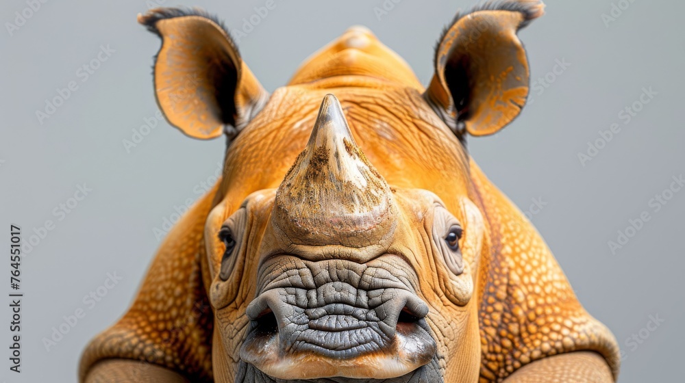  A close-up of a rhino's head on a light gray background with a gray backdrop