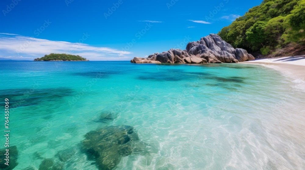 Pristine beach with clear and calm waters and clouds