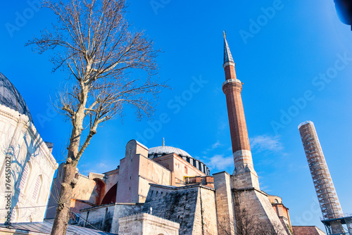 Istanbul, Turkey - March 21, 2024: Editorial: Hagia Sophia mosque in the morning against blue sky in spring in Istanbul, Turkey