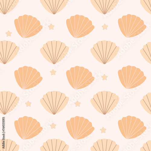 Seamless pattern of pearl colored shells. Trendy cartoon seashell pattern for wrapping paper, wallpaper, stickers, laptop cases, children's books.