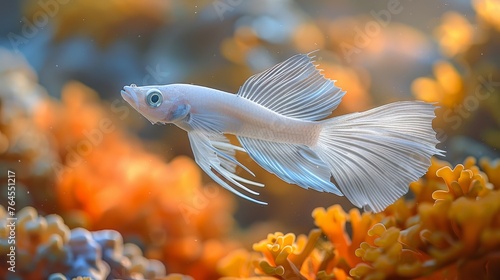  A tight shot of a school of colorful fish swimming around coral in a well-maintained aquarium, with clear blue water as the backdrop