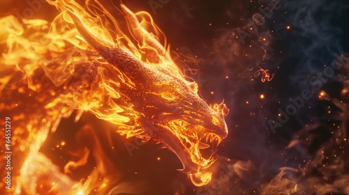 A majestic dragon composed of flames and embers soars with intense heat and power against a smoky background.