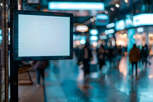 Modern digital media panel displaying blank black and white screen in a shopping center with blurred background. Concept Digital Displays, Shopping Center, Modern Technology, Black and White