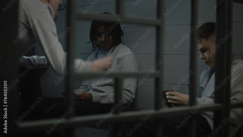 Three diverse teenagers play card games in prison cell. Young prisoners, criminals serve imprisonment term for crimes in jail. Youth detention center or correctional facility. View through metal bars. Three diverse teenagers play card games in prison cell. Young prisoners, criminals serve imprisonment term for crimes in jail. Youth detention center or correctional facility. View through metal bars.