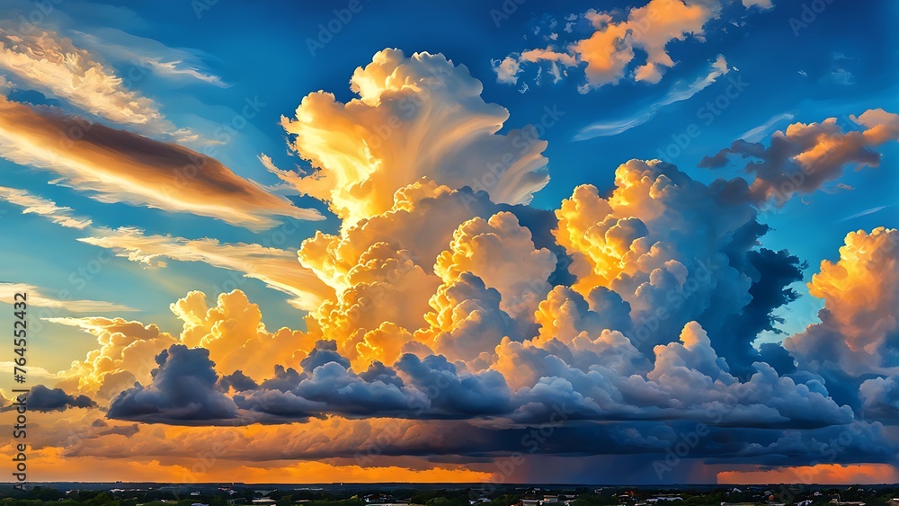Fototapeta premium colorful dramatic sky with cloud at sunset. Golden sunset over a serene landscape, casting vibrant hues across the sky.