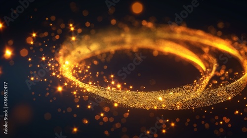Shimmering golden particles form a swirling vortex, radiating a sense of motion and elegance against a dark backdrop.