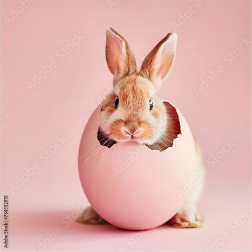 Sweet Easter bunny coming out of a pink egg on a soft pink backdrop, perfect for Easter greetings. © Hasanul