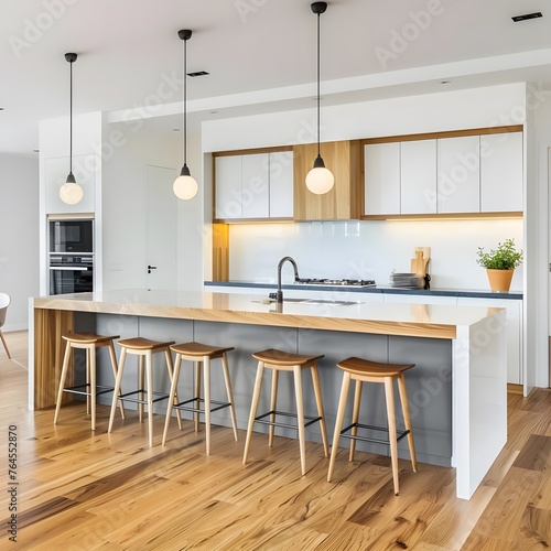 Luxurious kitchen interior in a new modern home with a stylish island and wooden floor  featuring a bright and minimalistic design with copy space.