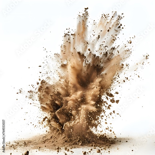 Dry soil explosion isolated on a white background, featuring an abstract and dynamic burst of dust particles in midair. © Hasanul
