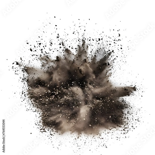 Dry soil explosion isolated on a white background, featuring an abstract and dynamic burst of dust particles in midair.