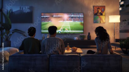 Three friends enjoy game on TV, comfy sofa, snacks, warm light. Cozy living room with people enjoying a game, snacks on the table.