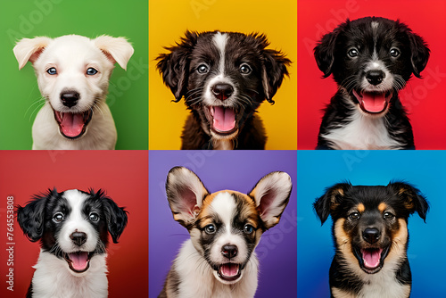 Collage of cute puppies with happy facial expression on colorful grid background © digitalpochi