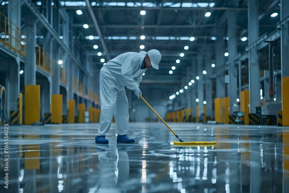 Obraz premium A man in a white suit cleans protective clothing in an empty warehouse with a mop. Concept Industrial Cleaning, Warehouse Sanitization, Protective Gear Maintenance, Hygiene Protocol, Workplace Safety