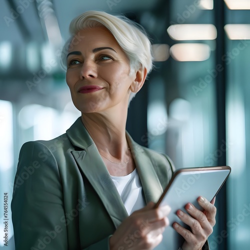 Free Download Portrait of a smiling mature business woman, a bank manager, holding a digital tablet in an office environment, projecting confidence and expertise. - GFXLoad