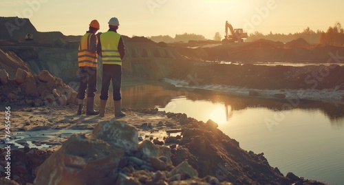 Two construction workers stand on a hill admiring a natural landscape of water, sky, and light. The tranquil lake below and vast horizon offer a peaceful escape from their work
