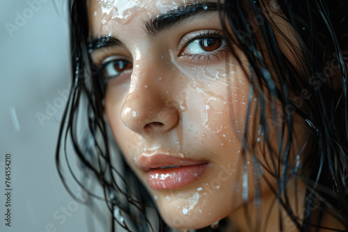 Pakistani woman cleansing face, beauty salon spa skincare body care