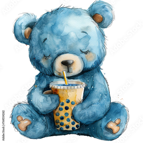 A watercolor Teddy bear boy drinking boba tae,  blue color, clipart photo