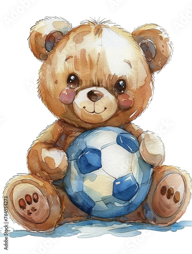 A watercolor Teddy bear boy paying soccor   blue color  clipart