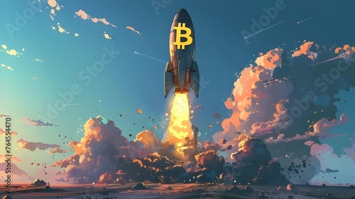 bitcoin with rocket in the sky, bitcoin price rises concept photo