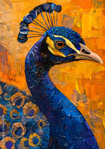 An artistic portrayal of a peafowl, a terrestrial bird in the family Phasianidae, showcasing its stunning blue feathers and a remarkably long neck photo