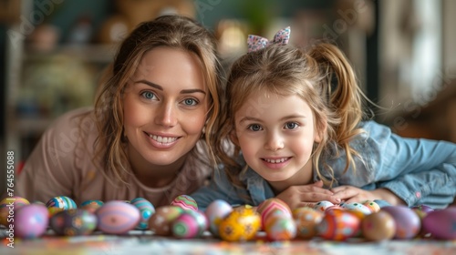 Mother and daughter painting Easter eggs