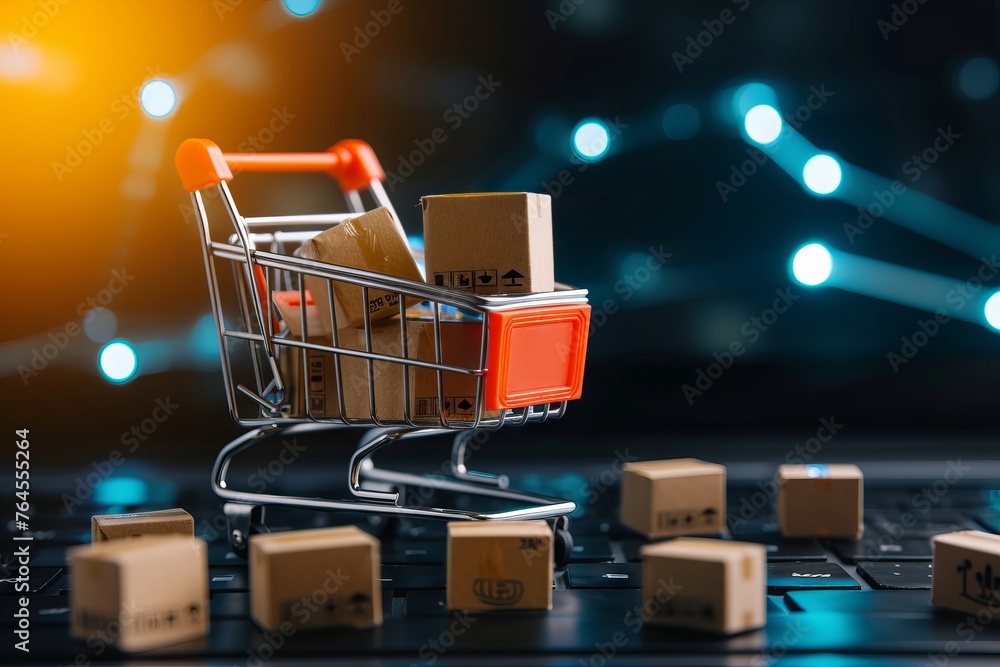 Shopping cart with boxes on bokeh background, online shopping and ecommerce concept